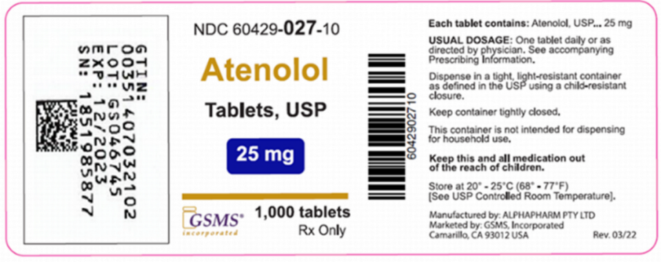 The label for hypertension medication Atenolol