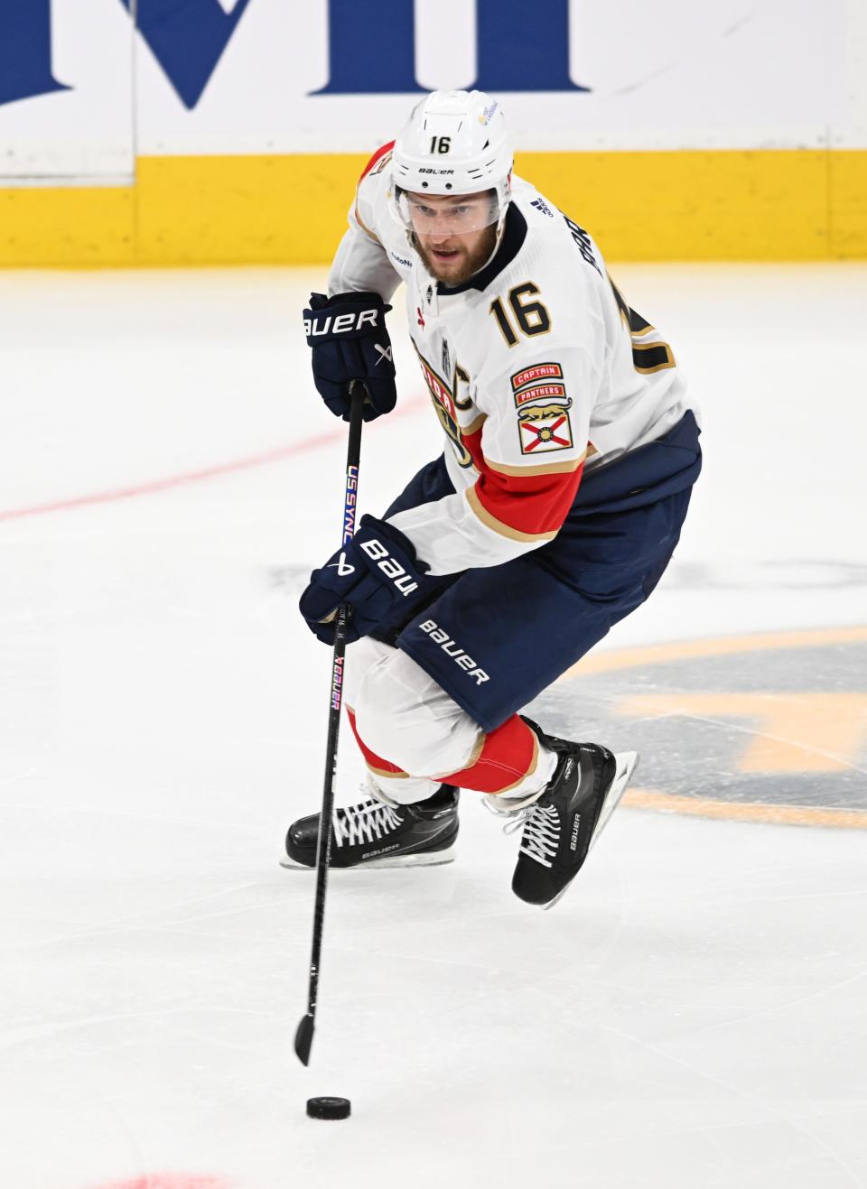 June 21, 2024; Edmonton, Alberta, CAN; Florida Panthers center Aleksander Barkov (16) skates with the puck against the Edmonton Oilers in the second period in game six of the 2024 Stanley Cup Final at Rogers Place. Mandatory Credit: Walter Tychnowicz-USA TODAY Sports