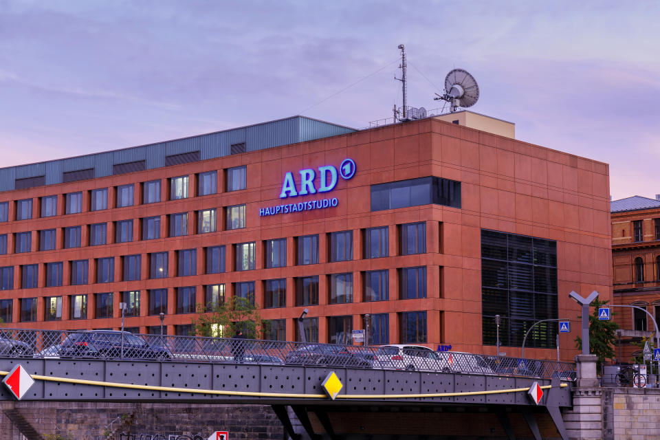 Berlin, Germany - September 26, 2018: The offices and studio of the first German television channel ARD in Berlin at dusk