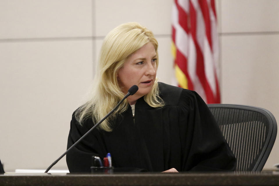 Monterey County Superior Court Judge Jennifer J. O'Keefe speaks in Monterey County Superior Court in Salinas, Calif on Tuesday, Oct. 18, 2022, after a jury found Paul Flores guilty of murdering Cal Poly student Kristin Smart. (Laura Dickinson/The Tribune via AP, Pool)