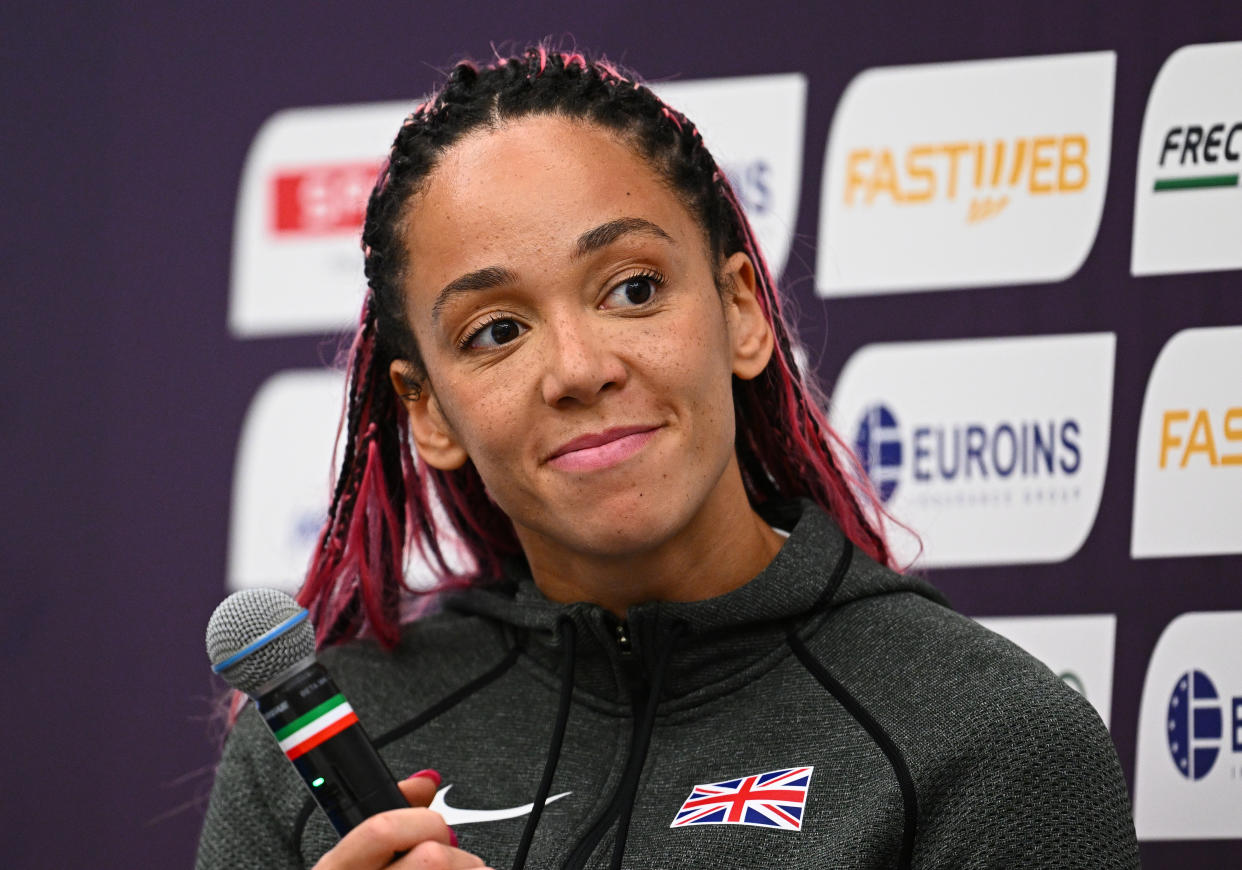 ROME, ITALY - JUNE 06: Katarina Johnson-Thompson of Great Britain reacts during a press conference ahead of the European Athletics Championships at Stadio Olimpico on June 06, 2024 in Rome, Italy.  (Photo by Mattia Ozbot/Getty Images for European Athletics)