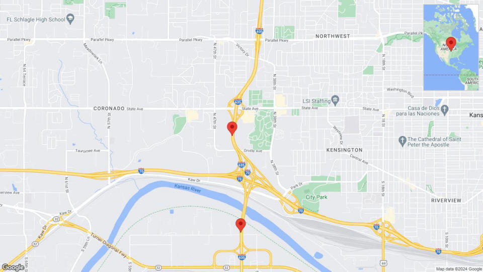 A detailed map that shows the affected road due to 'Lane on I-635 closed in Kansas City' on May 8th at 11:07 p.m.