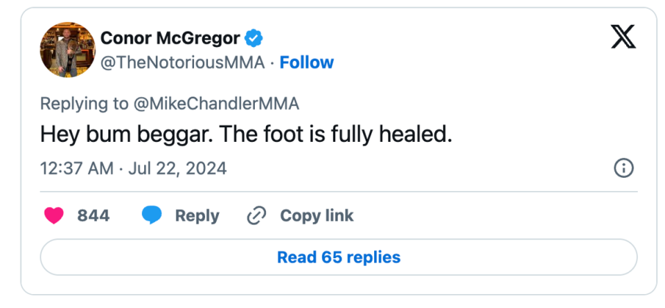 Conor McGregor addressing Michael Chandler in a now-deleted tweet (@TheNotoriousMMA via X)