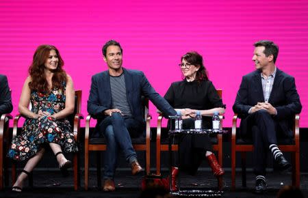 Cast members (L-R) Debra Messing, Eric McCormack, Megan Mullally and Sean Hayes attend a panel for the television series "Will & Grace" during the TCA NBC Summer Press Tour in Beverly Hills, California, U.S., August 3, 2017. REUTERS/Mario Anzuoni