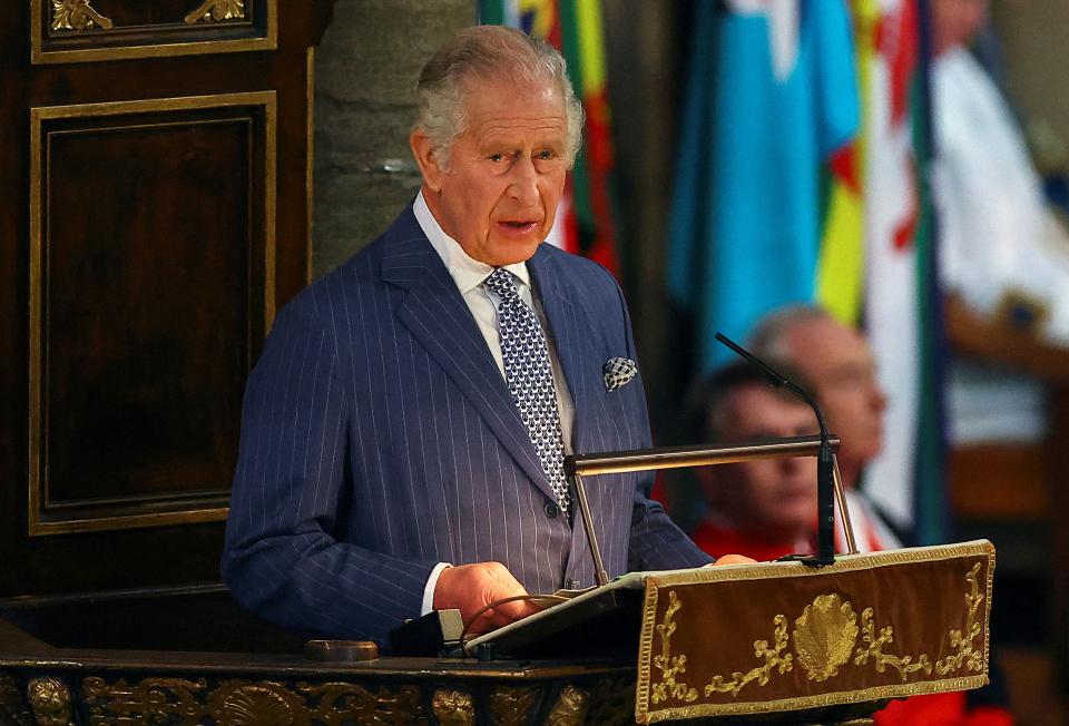 Britain&#39;s King Charles III delivers his Commonwealth Day message during the Commonwealth Day service ceremony, at Westminster Abbey, in London, on March 13, 2023. (Photo by HANNAH MCKAY / POOL / AFP) (Photo by HANNAH MCKAY/POOL/AFP via Getty Images)
