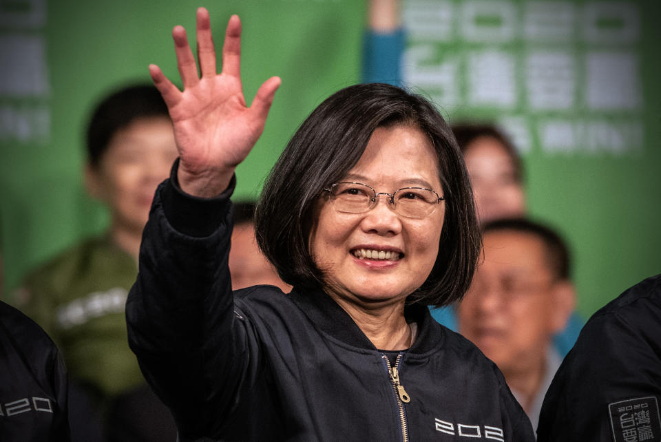 TAIPEI, TAIWAN - JANUARY 11: Tsai Ing-Wen waves after addressing supporters following her re-election as President of Taiwan on January 11, 2020 in Taipei, Taiwan. Tsai Ing-Wen of the Democratic Progressive Party (DPP) has been re-elected as Taiwans president as voters displayed their disapproval of Beijing by opting for a leader who had campaigned on defending their country from China. (Photo by Carl Court/Getty Images)