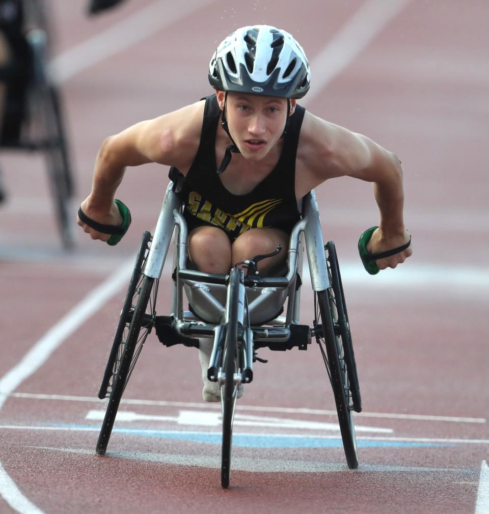 Garfield freshman Conner Hunt finished the seated 100-meter race first at the OHSAA state track & field championships on Saturday, June 3, 2023 in Columbus, Ohio, at Jesse Owens Memorial Stadium.