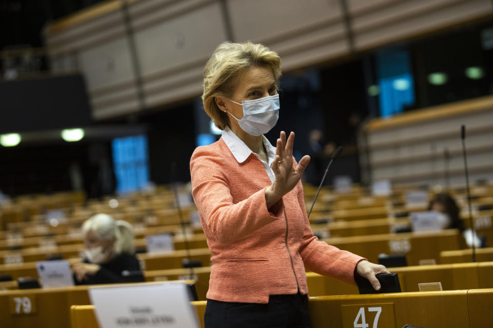 European Commission President Ursula von der Leyen, wearing a face mask to protect against the spread of coronavirus, gestures prior a plenary session at the European Parliament in Brussels, Wednesday, June 17, 2020. (AP Photo/Francisco Seco)