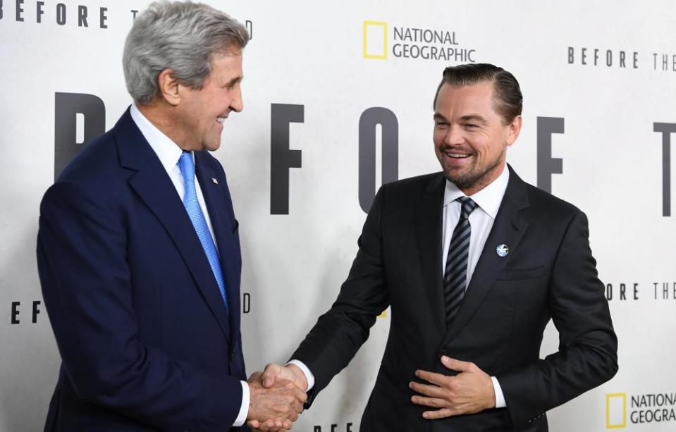 Kerry with Leonardo DiCaprio at a screening of Before the Flood in New York, 2016.