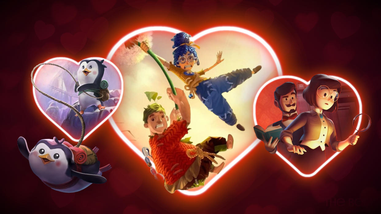  Showcasing Valentine's Day games: Three heart-shaped portals showing characters from the games "Bread and Fred," "It Takes Two," and "Escape Simulator.". 