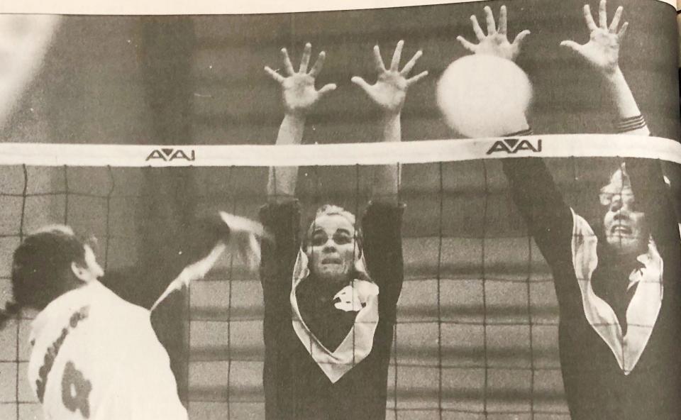 Watertown's Kiersten Thompson (center) and Valynn Van Well go up for the block against Sioux Falls Washington's Kelly McMann during the 1994 state Class AA volleyball tournament in the Watertown Civic Arena.