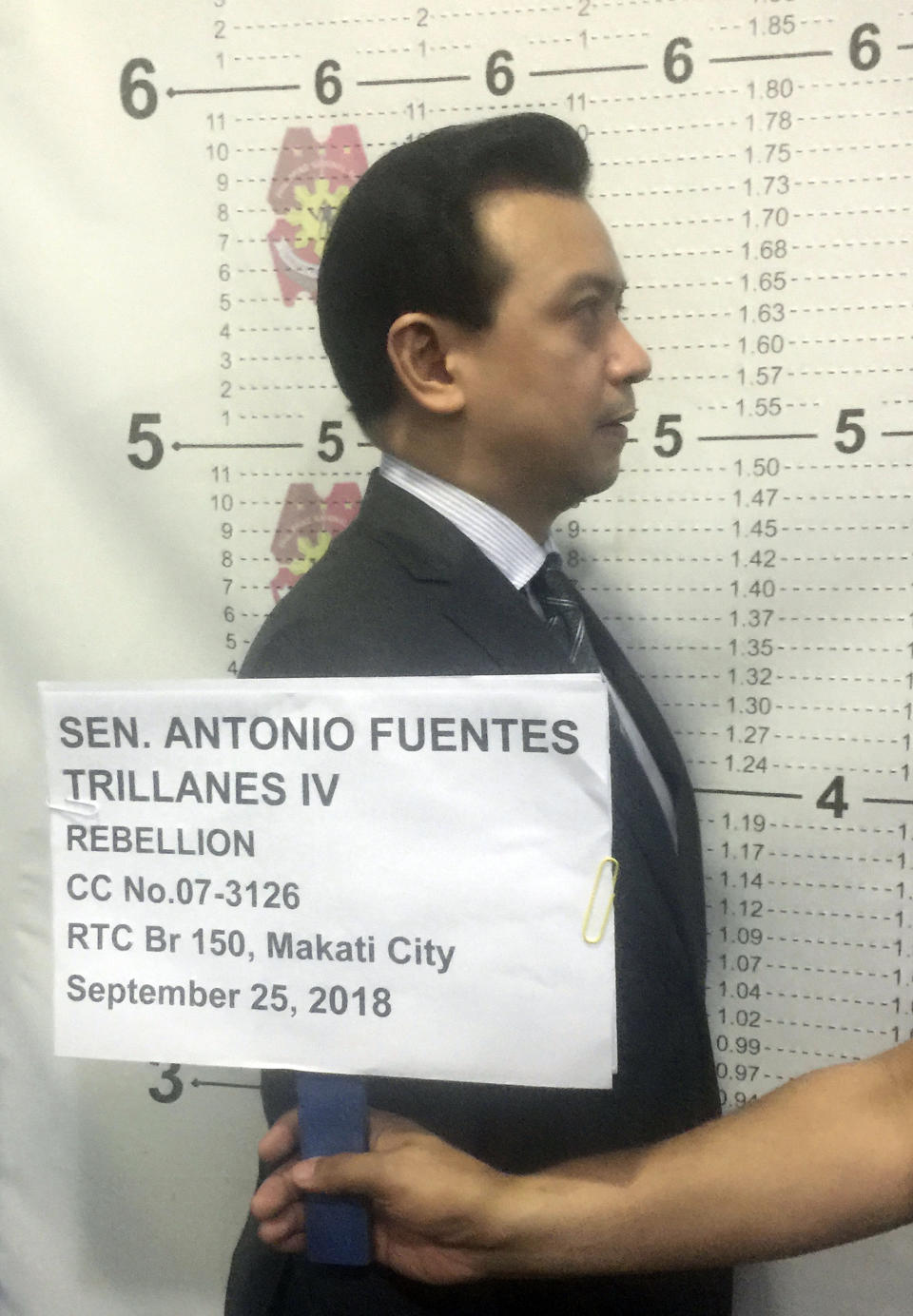 In this photo provided by the Philippine National Police Makati, Philippine opposition Sen. Antonio Trillanes IV for his mugshot inside a police station in Makati, metropolitan Manila after the Makati Regional Trial Court Branch 150 issued an order for his arrest Tuesday, Sept. 25, 2018. A Philippine court ordered Trillanes arrested Tuesday after the president revoked the senator's 2011 amnesty for a failed coup attempt and revived rebellion charges against him in an unprecedented legal move the legislator called a blow to democracy. Trillanes later posted bail. (Philippine National Police Makati via AP)