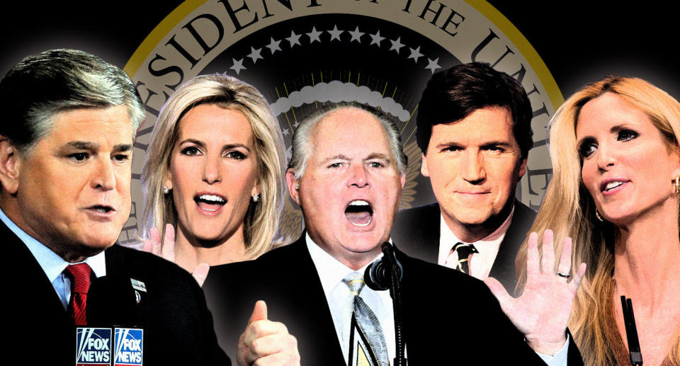 From left, Sean Hannity, Laura Ingraham, Rush Limbaugh, Tucker Carlson and Ann Coulter