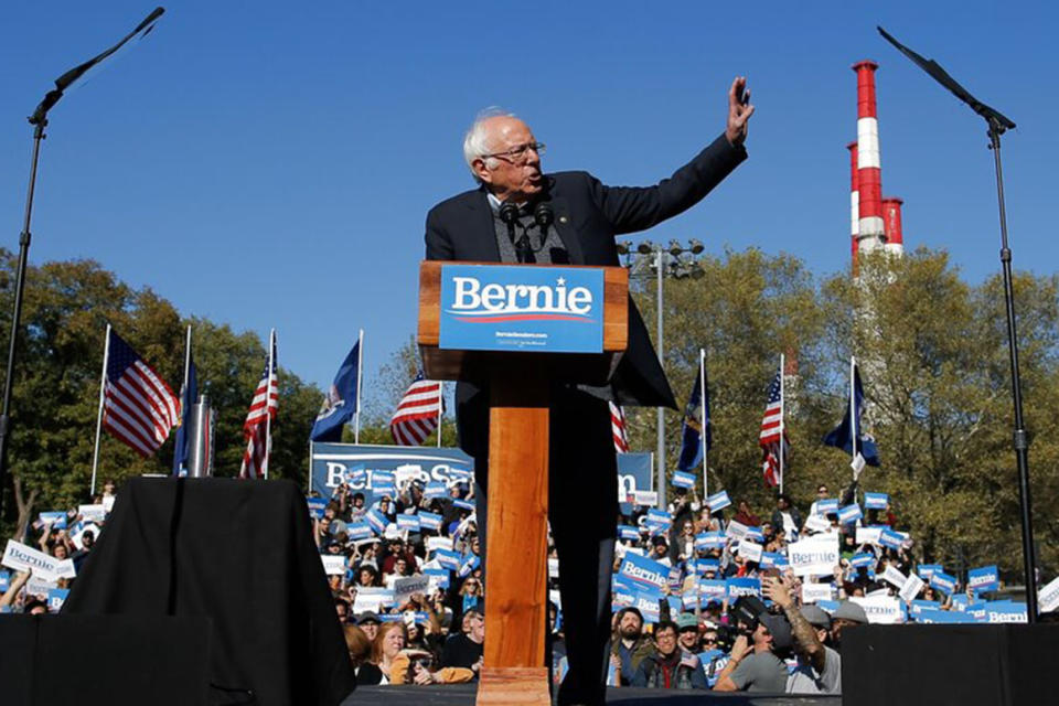 Democratic presidential candidate Sen. Bernie Sanders, I-Vt., speaks to supporters during a campaign rally on Saturday, Oct. 19, 2019 in New York. (AP Photo/Eduardo Munoz Alvarez)