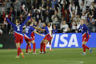 United States players celebrate their goal against Canada during the second half of a SheBelieves Cup women's soccer match Tuesday, April 9, 2024, in Columbus, Ohio. (AP Photo/Jay LaPrete)