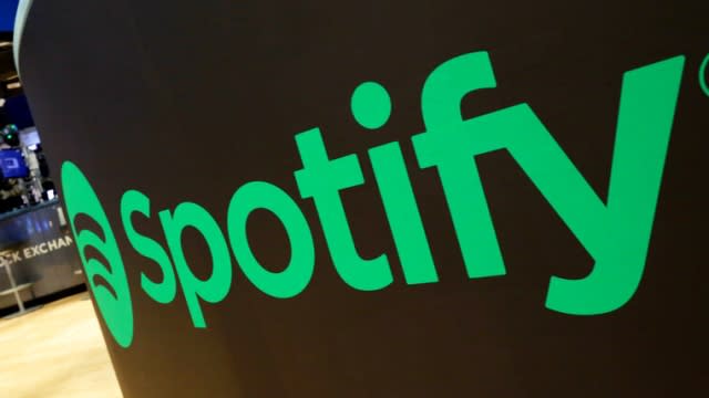 The Spotify logo on the floor of the New York Stock Exchange.