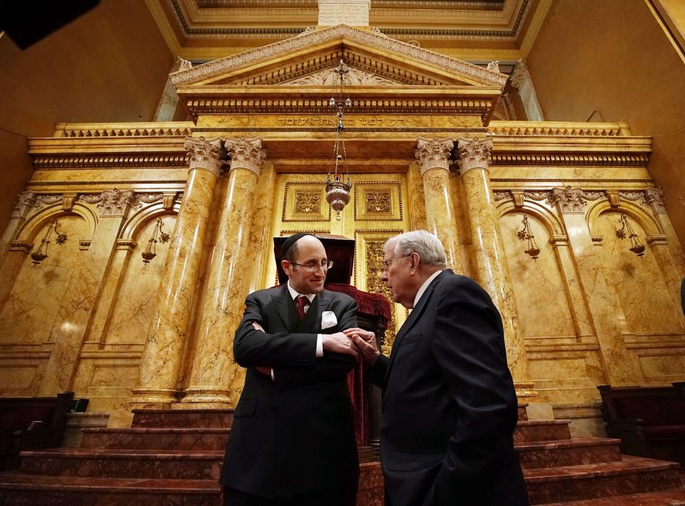President M. Russell Ballard, right, acting president of the Quorum of the Twelve Apostles of The Church of Jesus Christ of Latter-day Saints, talks with Rabbi Meir Y. Soloveichik as they tour the Spanish and Portuguese Synagogue of the Congregation Shearith Israel in New York City on Friday, Nov. 15, 2019. | Ravell Call, Deseret News