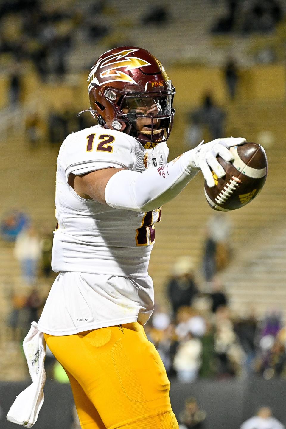 Tight end Jalin Conyers #12 of the Arizona State Sun Devils celebrates after a fourth quarter touchdown catch against the Colorado Buffaloes during the game at Folsom Field on October 29, 2022, in Boulder, Colorado.