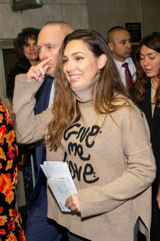 Victim and former actress Jessica Mann exits the courtroom after listening to the sentencing for Film producer Harvey Weinstein for sexual assault following his trial at New York Criminal Court in the Manhattan borough of New York City