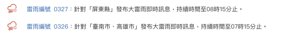 中央氣象局更新大雷雨即時訊息，示警台南、高雄、屏東。（圖／氣象局）