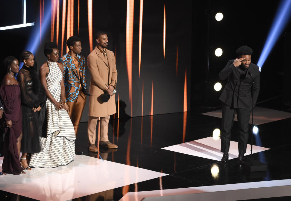 Ryan Coogler, right, and the cast of "Black Panther," accept the award for outstanding motion picture at the 50th annual NAACP Image Awards on Saturday, March 30, 2019, at the Dolby Theatre in Los Angeles. (Photo by Chris Pizzello/Invision/AP)