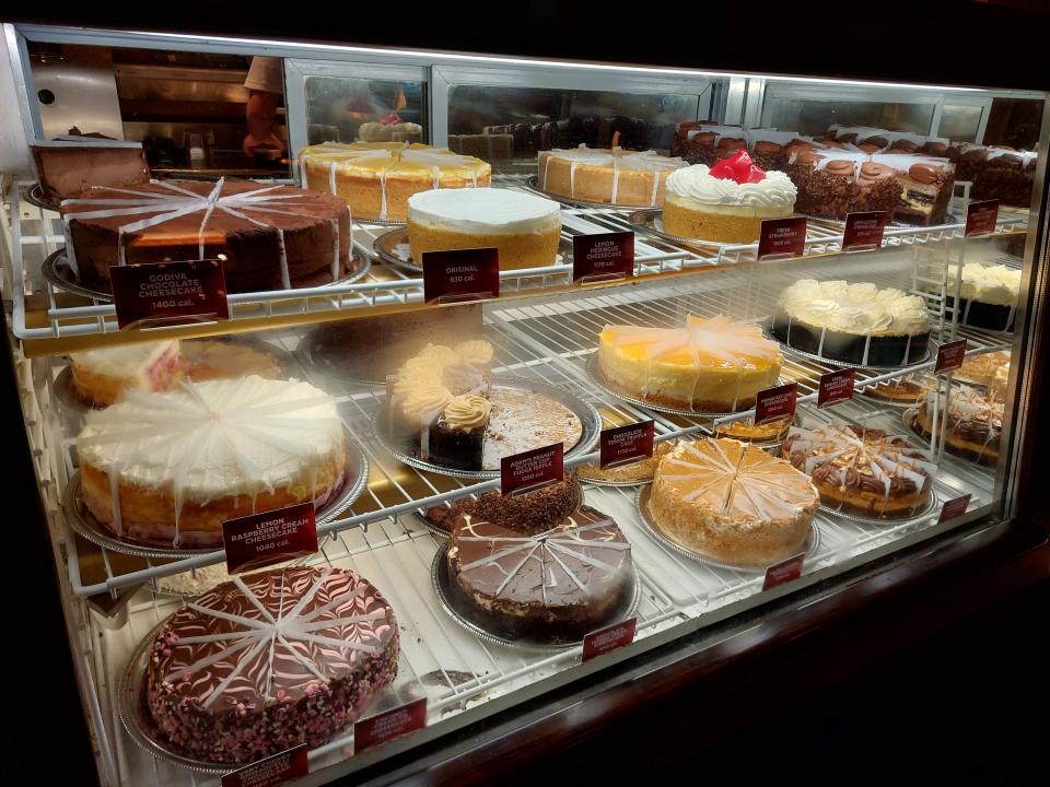 A fridge full of cheesecakes at the Cheesecake Factory in Chicago on the Magnificent Mile