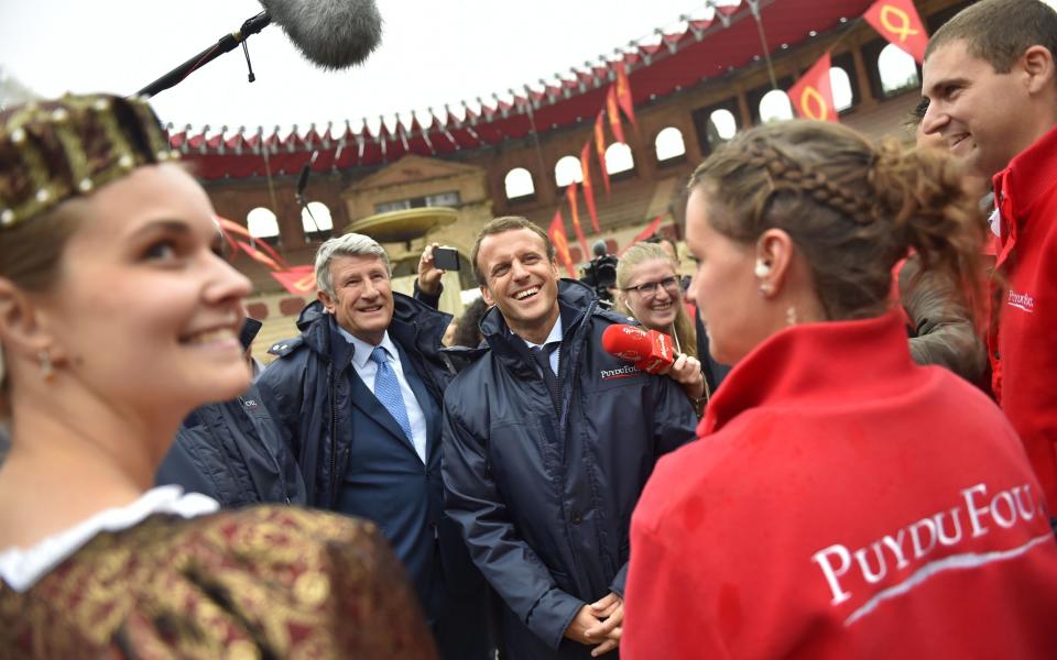 President Macron visits the Puy-du-Fou theme park. which is home to a full-scale Roman arena with gladiators, Christians, real lions and tigers and a Ben Hur chariot race - LOIC VENANCE