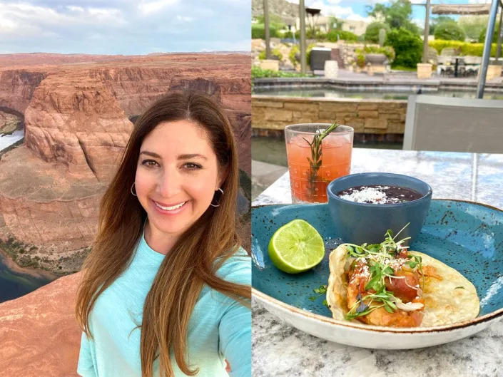 Jill Schildhouse in front of horseshoe bend, taco and margaritas right