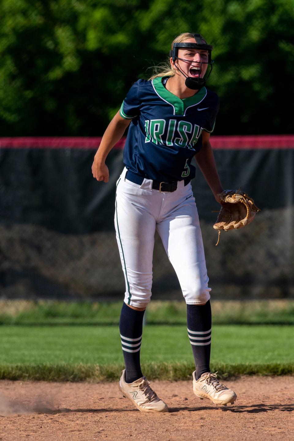 Indianapolis Cathedral High School sophomore Anna Moore (5) reacts during a IHSAA Class 4A Softball Sectional Championship game against Lawrence North High School, Friday, May 26, 2023, at North Central High School.