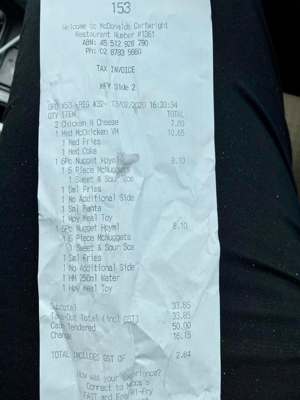 Pictured is a woman's McDonald's receipt from the Cartwright store in Prestons, NSW. 