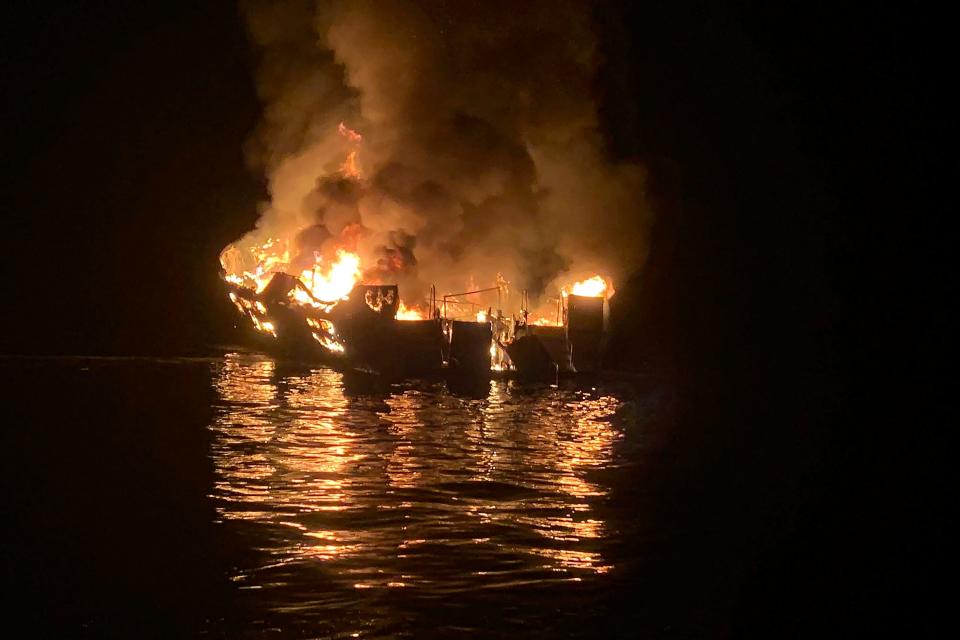 In this Sept. 2, 2019, file photo provided by the Santa Barbara County Fire Department, the dive boat Conception is engulfed in flames after a deadly fire broke out aboard the commercial scuba diving vessel off the Southern California Coast. The crew aboard a Southern California scuba dive boat had not been trained on emergency procedures before the deadly fire broke out last year, killing 34 people in one of the state's deadliest maritime disasters, according to federal documents released Wednesday, Sept. 16, 2020.