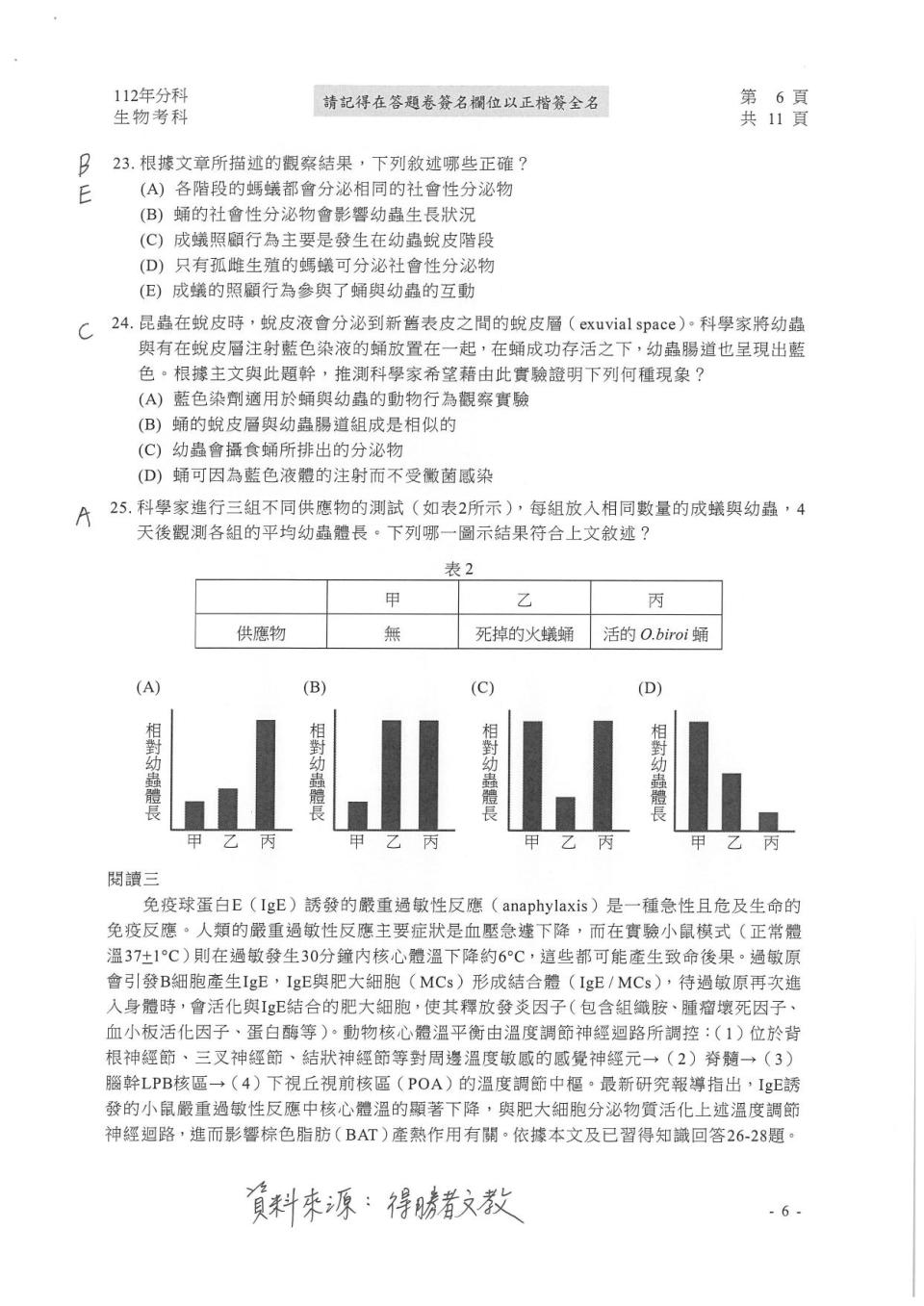 大學分科測驗生物科試題參考解答。（圖／得勝者文教提供）