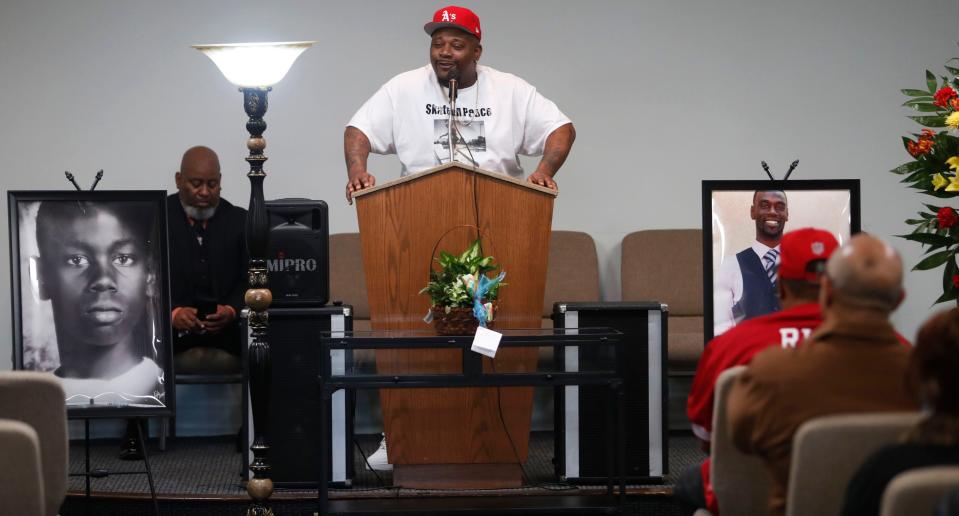 Jamal Dupree, brother of Tyre Nichols, speaks during Nichols' funeral service on Jan. 17 in Memphis, Tenn. Five Memphis police officers have been fired and charged with second-degree murder in Nichols' death.