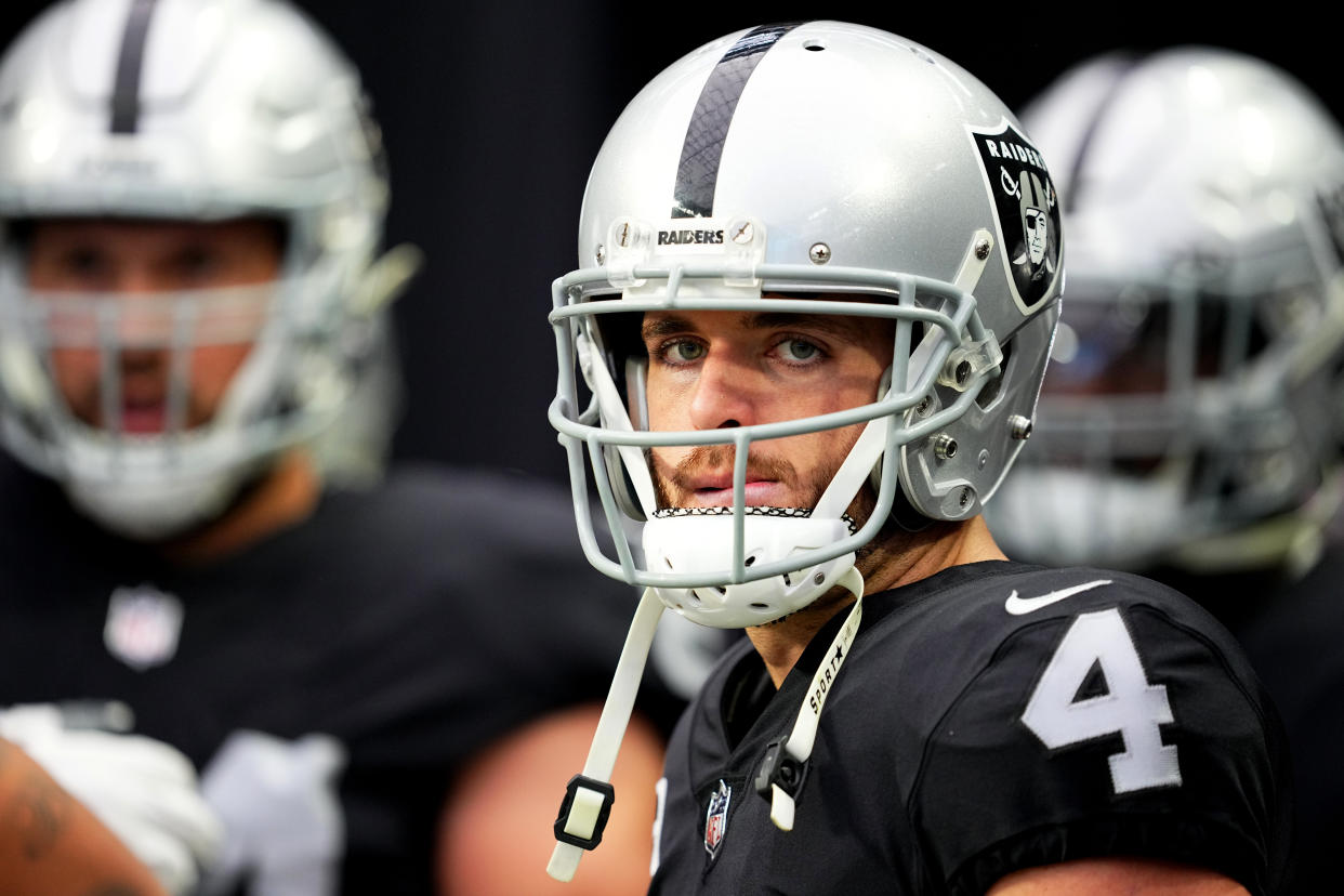 LAS VEGAS, NEVADA - DECEMBER 04: Derek Carr #4 of the Las Vegas Raiders prepares to take to the field prior to a game against the Los Angeles Chargers at Allegiant Stadium on December 04, 2022 in Las Vegas, Nevada. (Photo by Chris Unger/Getty Images)