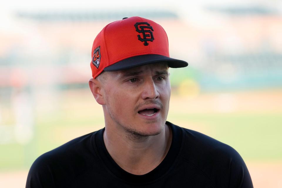 New San Francisco Giants infielder Matt Chapman answers a question during an introductory news conference.