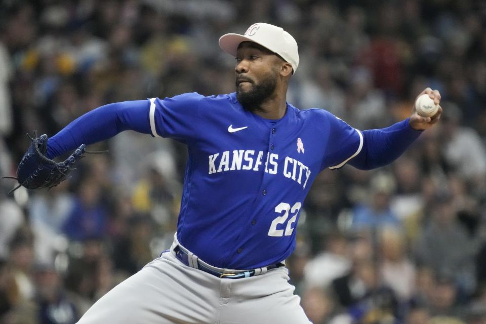 Kansas City Royals relief pitcher Amir Garrett throws during the seventh inning of a baseball game against the Milwaukee Brewers Sunday, May 14, 2023, in Milwaukee. (AP Photo/Morry Gash)