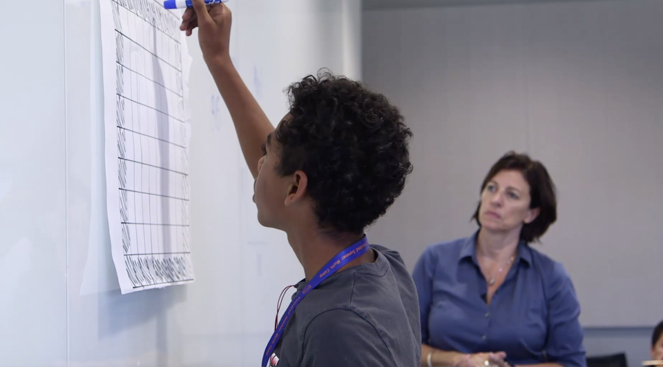 Jo Boaler, (back) a math education professor at Stanford University, teaches a middle school student during the university's "youcubed" math summer camp in 2015.