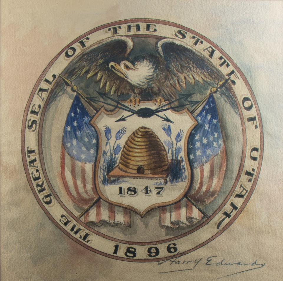 Utah’s seal as originally designed in 1896 by Charles M. Jackson, a crime reporter for the Salt Lake Herald, and Harry Emmett Edwards, an artist and bartender. Edwards likely signed this watercolor in 1918 when he presented it to Aquilla “Quil” Nebeker, who was on the committee from the territorial legislature that selected the design years earlier. | Utah State Historical Society