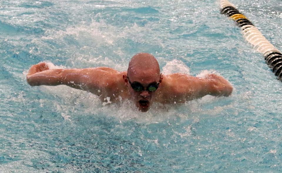 Collin Losinger of Union-Endicott won the 100-yard butterfly in 54.44 seconds at the Section 4 Class A boys swimming and diving championships Feb. 18, 2023 at Watkins Glen High School.