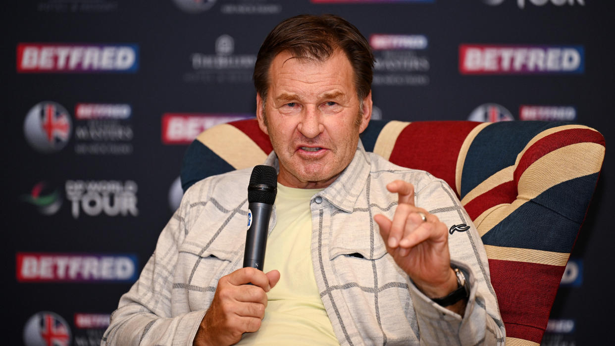  Sir Nick Faldo talks to the media before the 2023 Betfred British Masters at The Belfry 