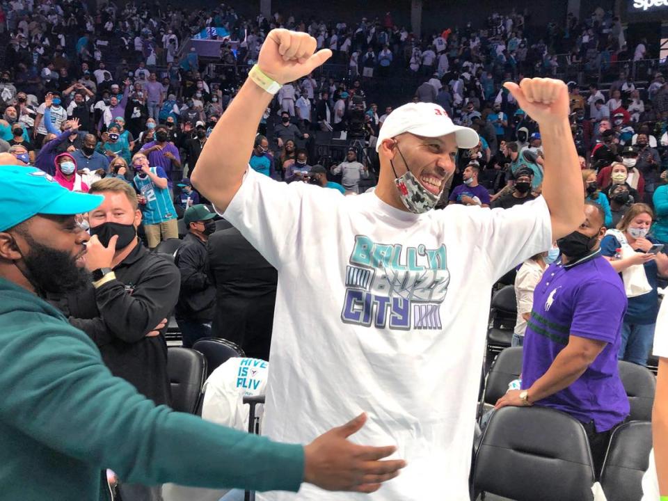 LaVar Ball celebrates his son and Charlotte Hornets guard LaMelo Ball being named player of the game following action against the Indiana Pacers at Spectrum Center in Charlotte, NC on Wednesday, October 20, 2021. The Hornets defeated the Pacers 123-122, with LaMelo Ball posting 31 points, 9 rebounds and 7 assists.