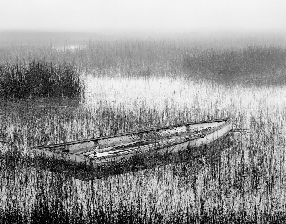 'Meridian, old skiff in a foggy marsh' by Eric Hartley