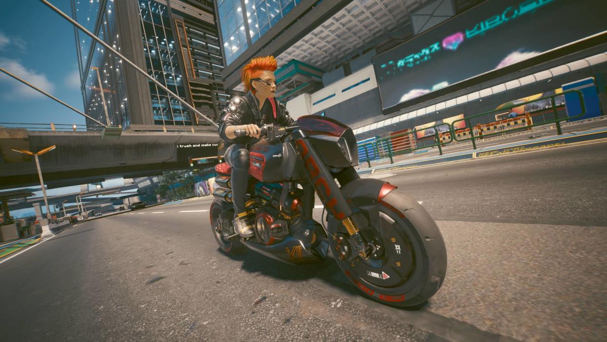  Cyberpunk 2077 Phantom Liberty V riding motorbike through night city. 