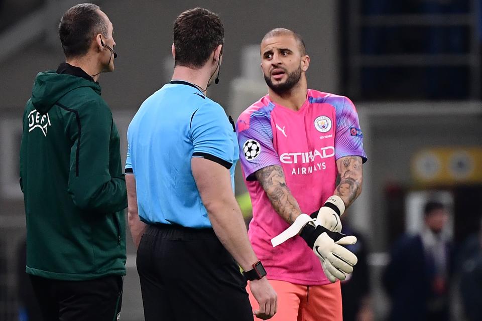 Manchester City fullback Kyle Walker (right) prepares to assume goalkeeping duties on Wednesday against Atalanta. (Getty Images)