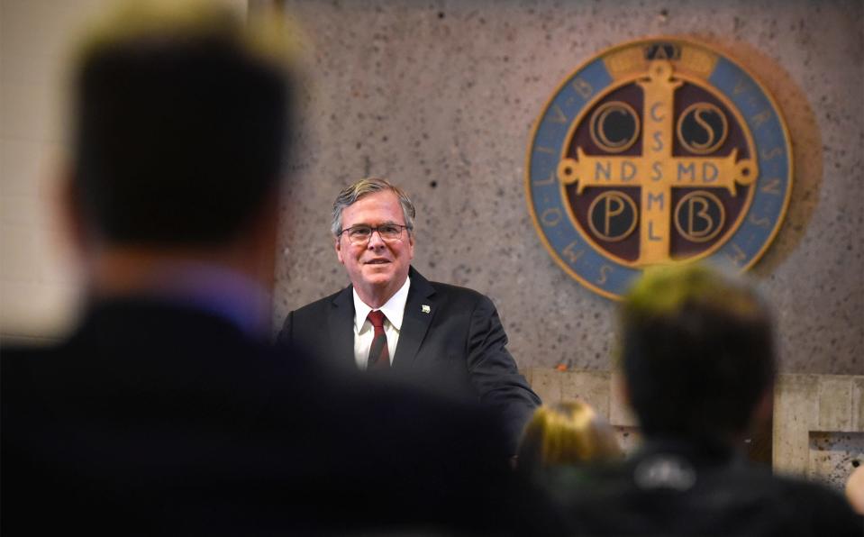 Jeb Bush speaks during a news conference Thursday, Sept. 21, 2017, at the Abbey Chapter House at St. John's University in Collegeville. Bush was on campus to deliver the 11th annual Eugene J. McCarthy Lecture.
(Photo: Dave Schwarz, dschwarz@stcloudtimes.com)