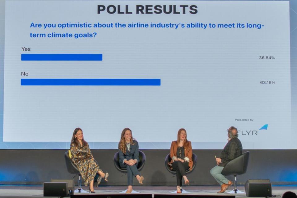 Leaders from Delta, Air France-KLM, and McKinsey and Company talk with Skift Editor in Chief Tom Lowry about airlines' carbon impact, at Skift Aviation Forum 2022 in Dallas-Fort Worth. Source: Skift. Skift