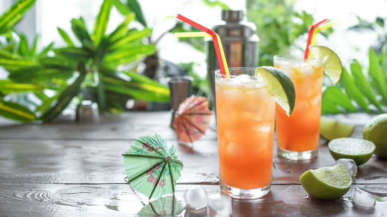 Two zombie cocktails on outdoor table