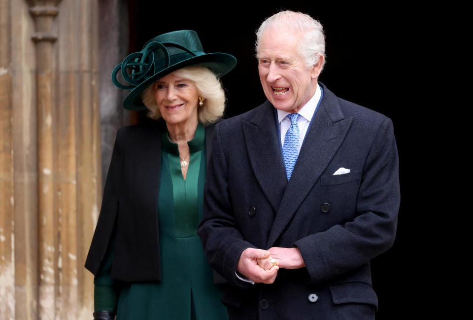 Britain's King Charles and Queen Camilla leave after attending the Easter Matins Service at St. George's Chapel, Windsor Castle, Britain March 31, 2024. REUTERS/Hollie Adams/Pool