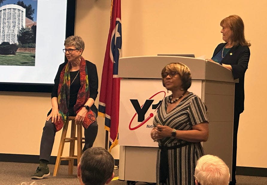 Author Wendy Besmann, seated, and Oak Ridgers and "Our American Roots" officials Ruby Miller and Bonnie Carroll, take questions after Besmann’s presentation.