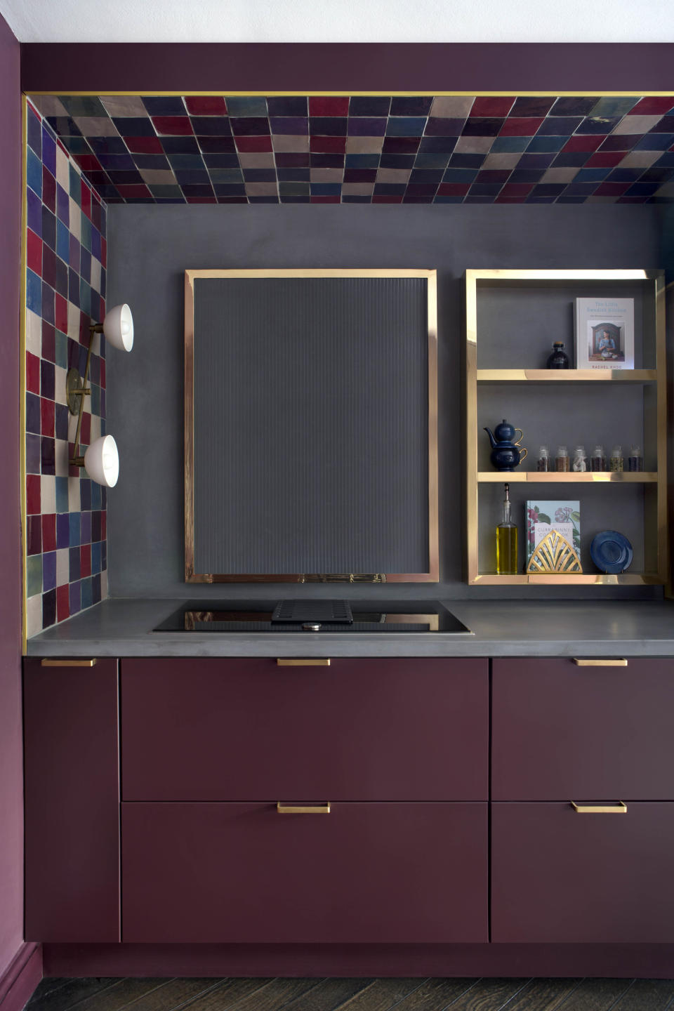 Purple kitchen with tiled ceiling